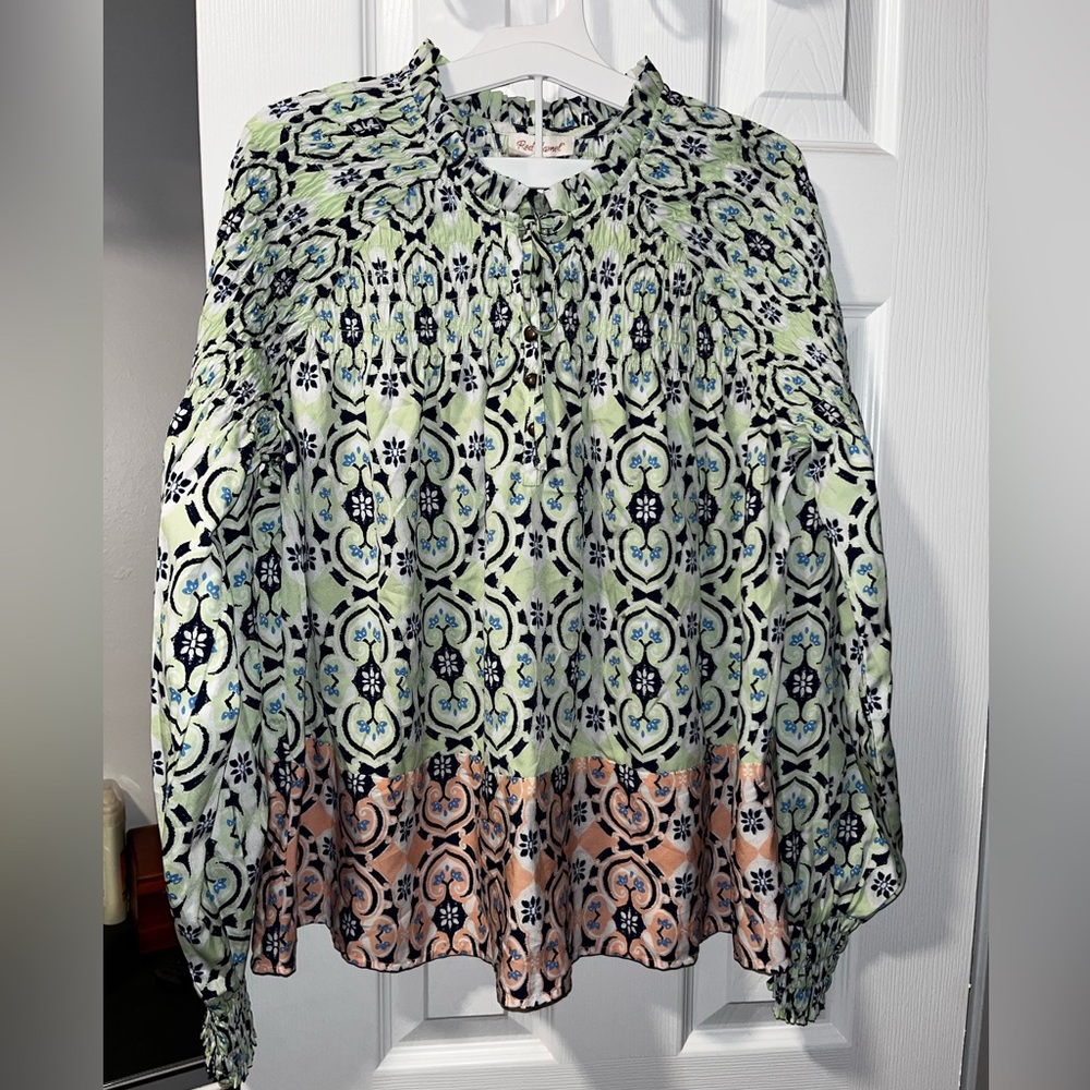 Red Camel Patterned Blouse - Green and Peach